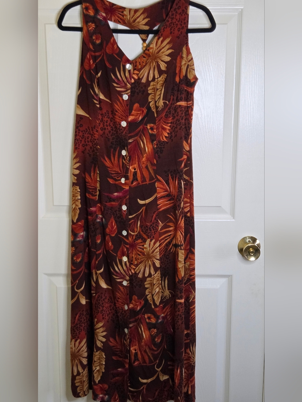 California Krush PM BrownRust TropicalPrint TightBack ButtonsUp Women Maxi Dress